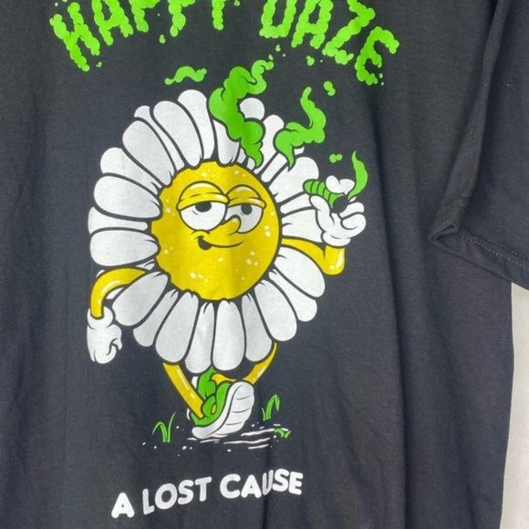 A Lost Cause mens graphic T-shirt Happy Daze flower with Joint black size Large - Picture 2 of 5